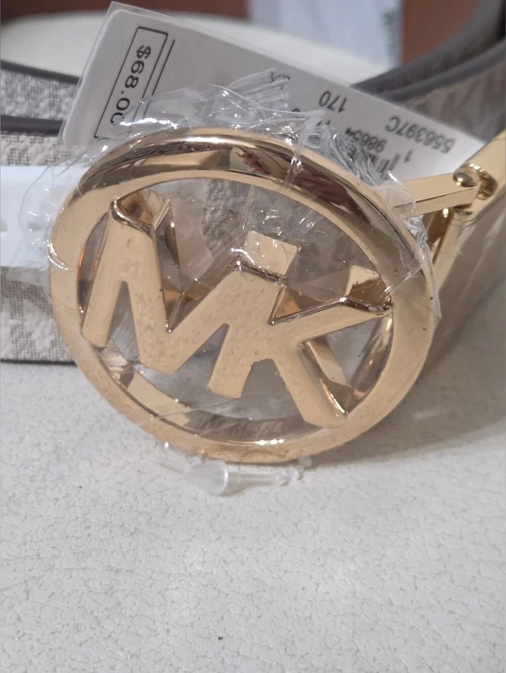 Michael Kors Beige Monogram Reversible Belt with Gold MK Buckle